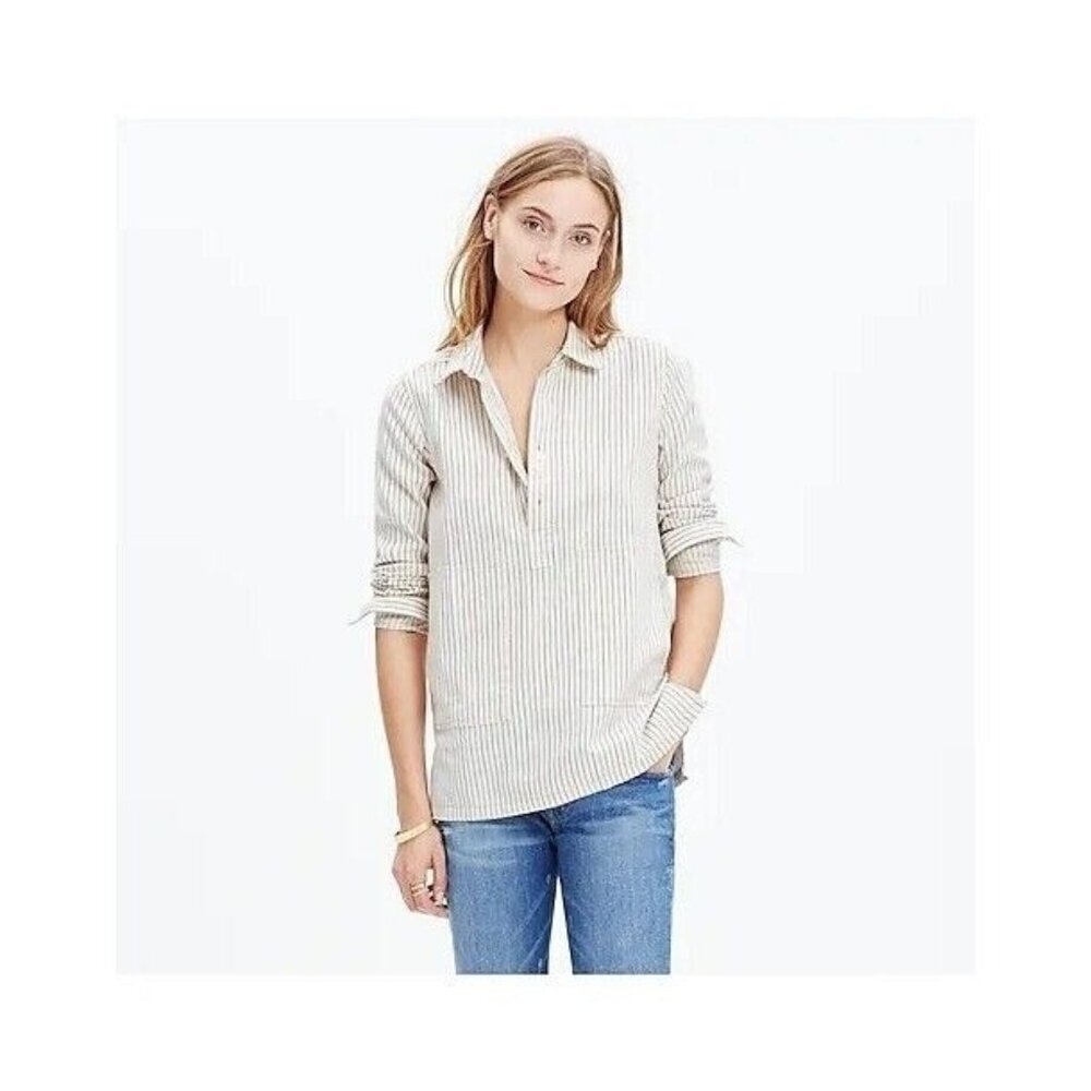 Madewell Women's Striped Pocket Popover Long Sleeve Striped Cotton Shirt‎ SZ XXS